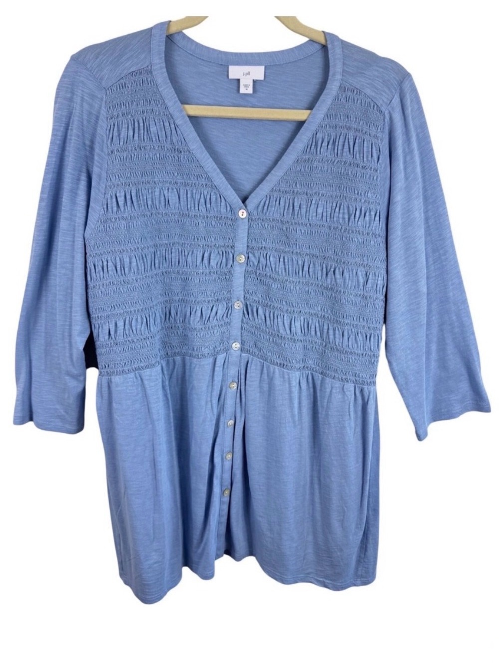 J. Jill Womens Smocked V-Neck Blouse Blue Cotton Modal‎ 3/4 Sleeve Top Medium